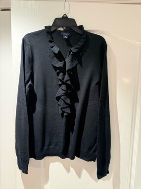 Chaps Black Ruffle-Front Long Sleeve Sweater
